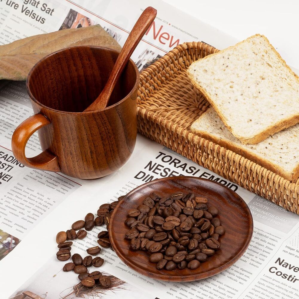 Handmade Wooden Mugs Set Vintage Teacup Coffee Espresso Saucer and Spoon Gift
