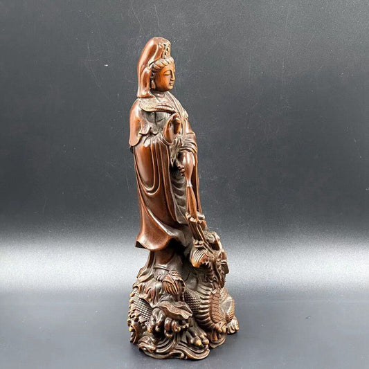 Collection China Boxwood Carving Dragon Kuan Yin Statue Sculpture Decoration Art