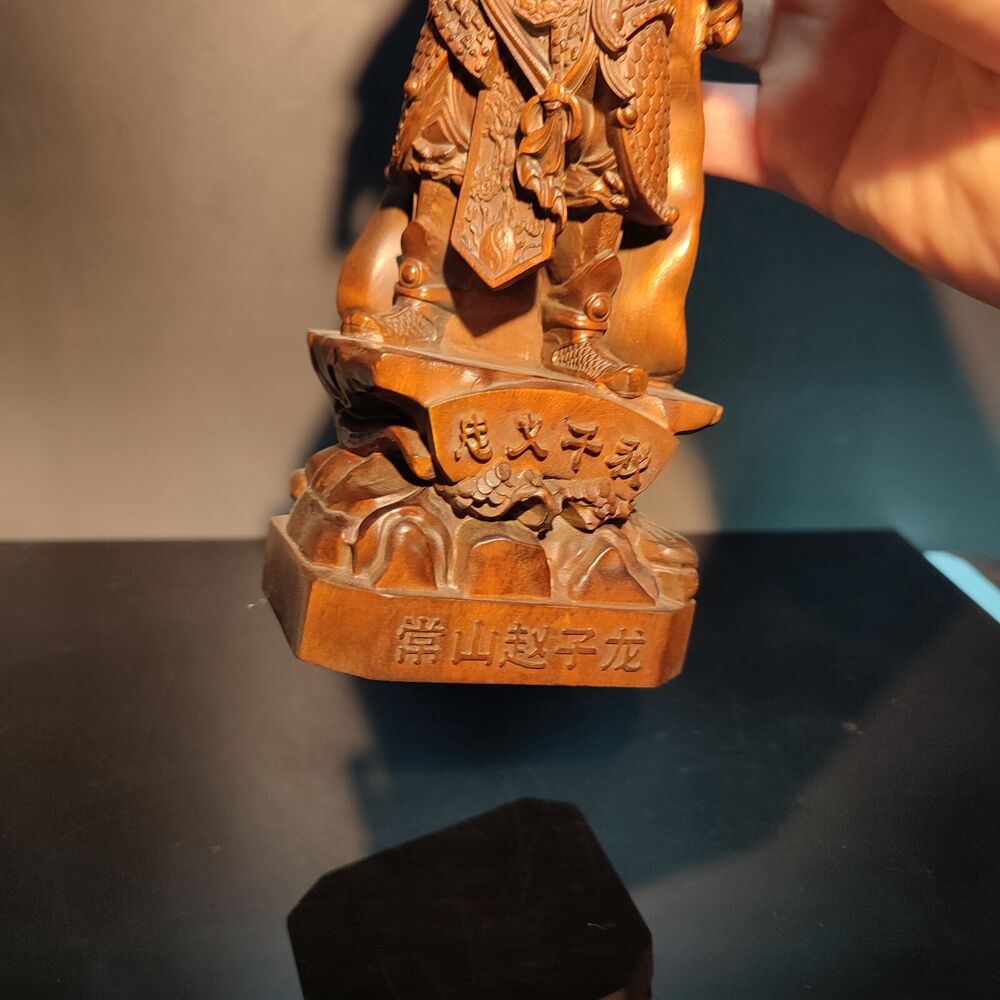 8" Boxwood wood carving Zhao Zilong statue home decor figurines fierce fighter
