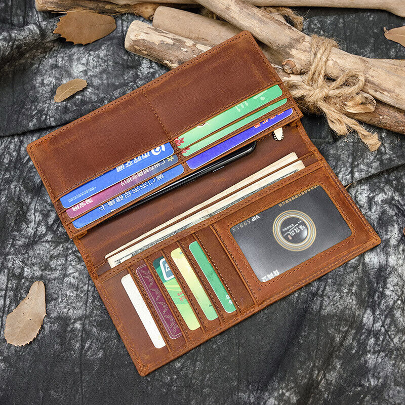 Men's Real Leather Long Bi-fold Wallet Business Credit ID Card Holder Clutch Bag