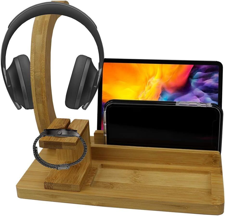 Multi-Purpose Wooden Headphone Station Bamboo Desk Organizer Home Office Decor