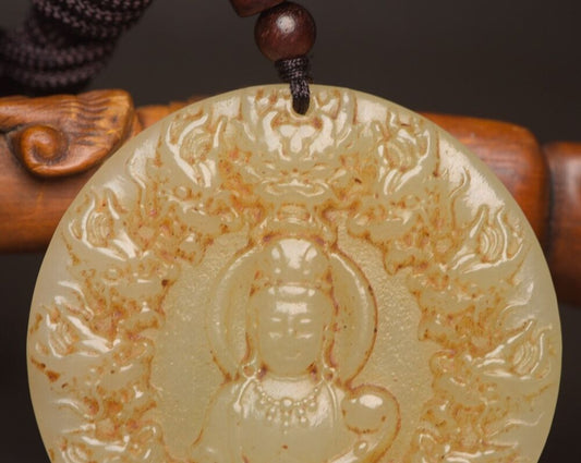 Antique Chinese Hetian Jade Carving Kowloon Guanyin Statue Lucky Pendant Amulets
