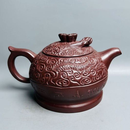 Vintage Chinese Yixing Purple Clay Teapot Zisha Ceramic Carving Dragon Teaware