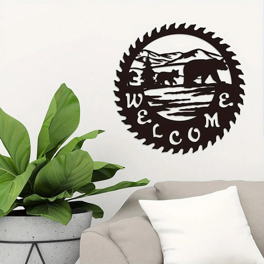 Metal Sign With WELCOME Bear Scene, Metal Wall Decor Statues Home Garden