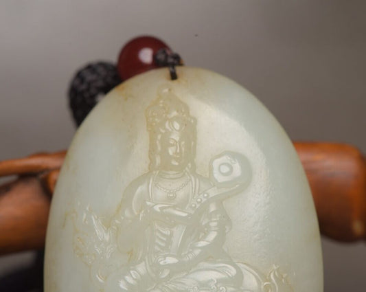 Chinese Natural Hetian Jade Carved Kwan Yin Statue Good Luck Pendant Jewelry Art