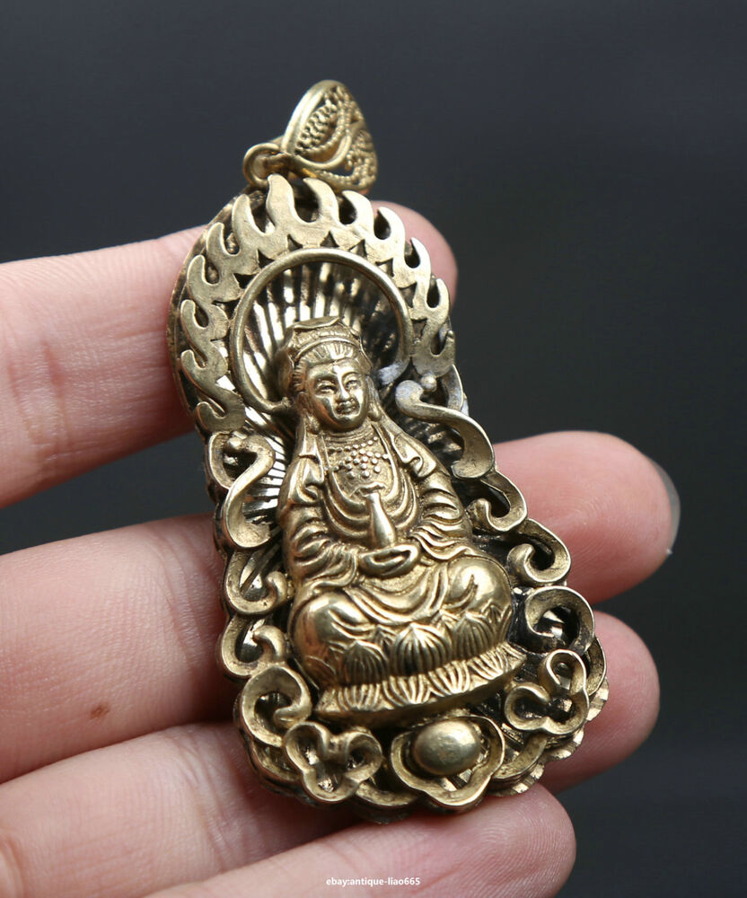 60MM Small Curio Chinese Bronze Buddhism Kwan-yin Guan Yin Goddess Pendant 永保平安