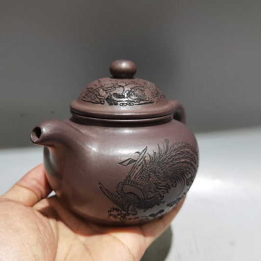 Vintage Chinese Yixing Purple Clay Teapot Zisha Ceremony Carving Phoenix Teaware