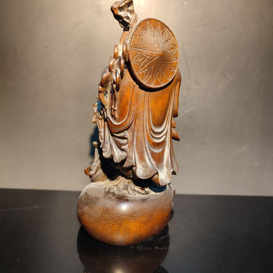 Boxwood carving wooden laughing buddha Amitabha monk statue home decor figurines