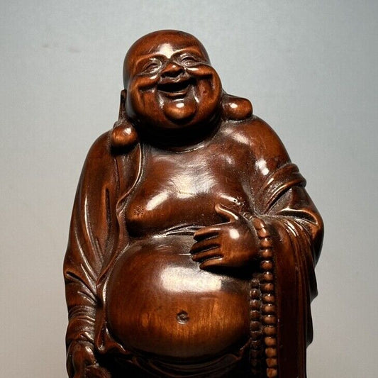 Vintage Chinese Boxwood Carving Laughing Buddha Statue Ornaments Wooden Figurine