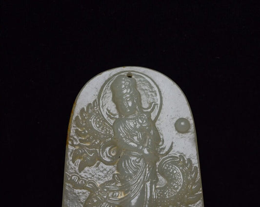 Chinese Top Natural Hetian Jade Carved Dragon Kuan Yin Statues Pendant Jewelry