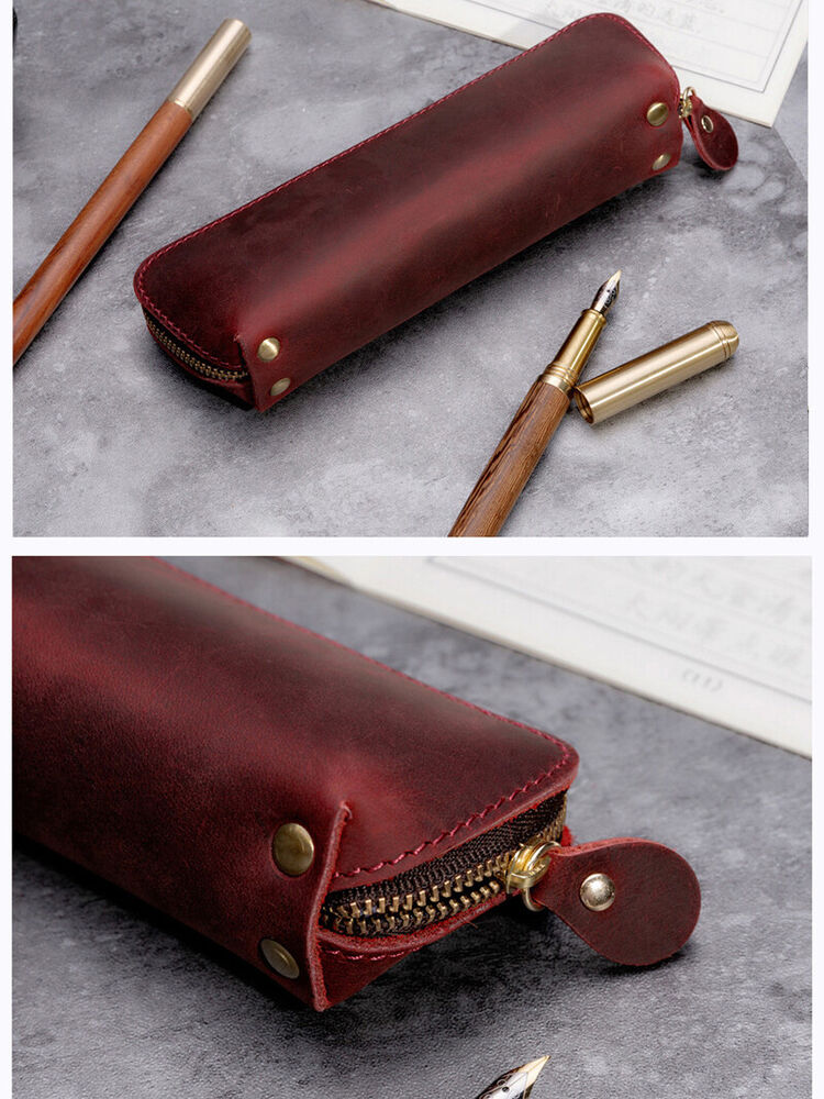 Handmade Cowhide Leather Vintage Zipper Pen Pencil Case Stationery Storage Bag