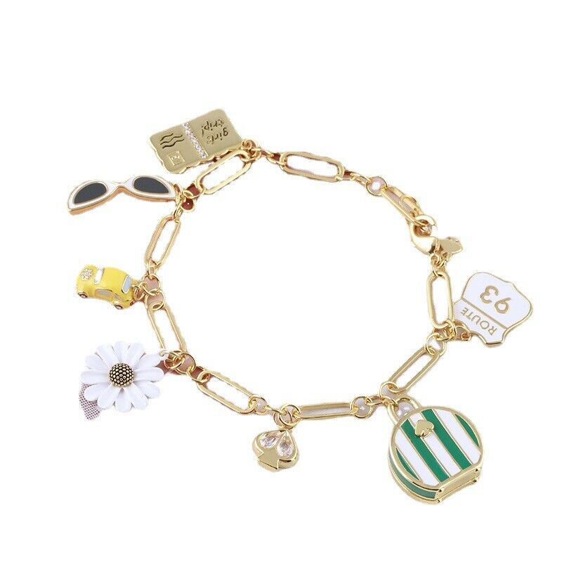 Kate Spade Enamel Glaze Daisy Car Handbag Glasses Pendant Charm Fashion Bracelet