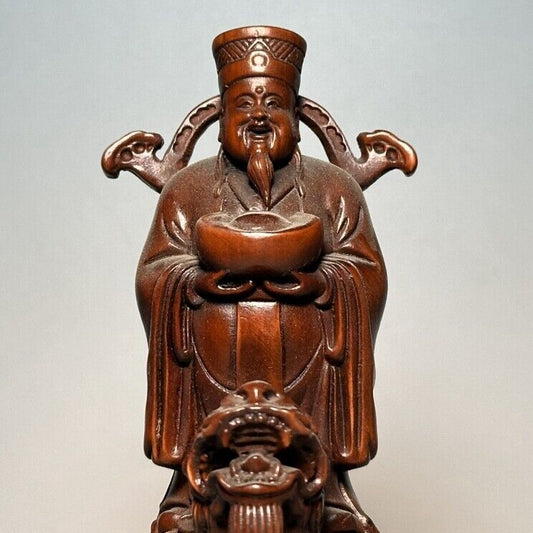 Vintage Chinese Boxwood Carved Dragon Turtle Mammon Statue Decor Wooden Figurine