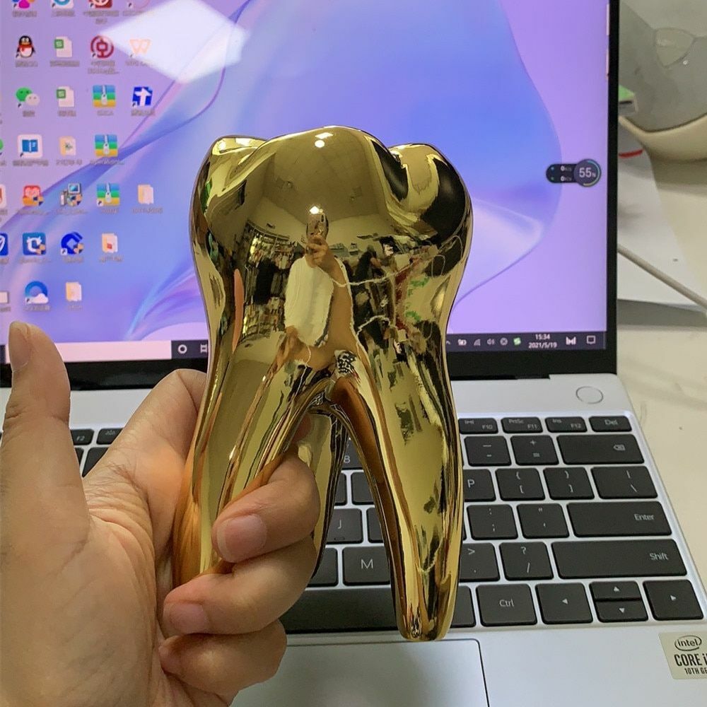 Golden Tooth Model Figurines Dentist Gift Ornament Crafts Sculpture Resin 14x8cm