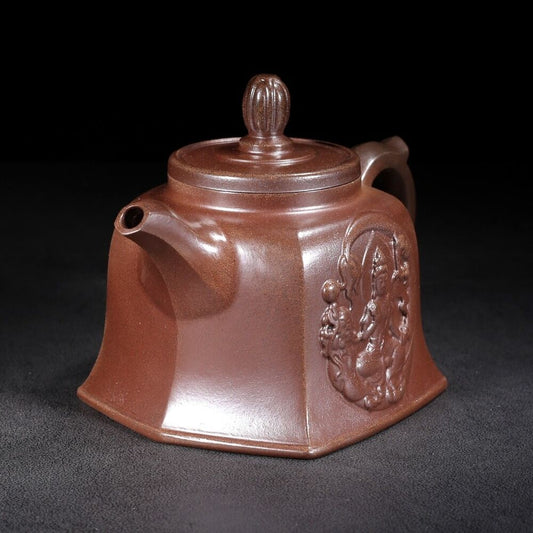 Vintage Chinese Yixing Purple Clay Teapot Zisha Ceramic Carving Guanyin Teaware