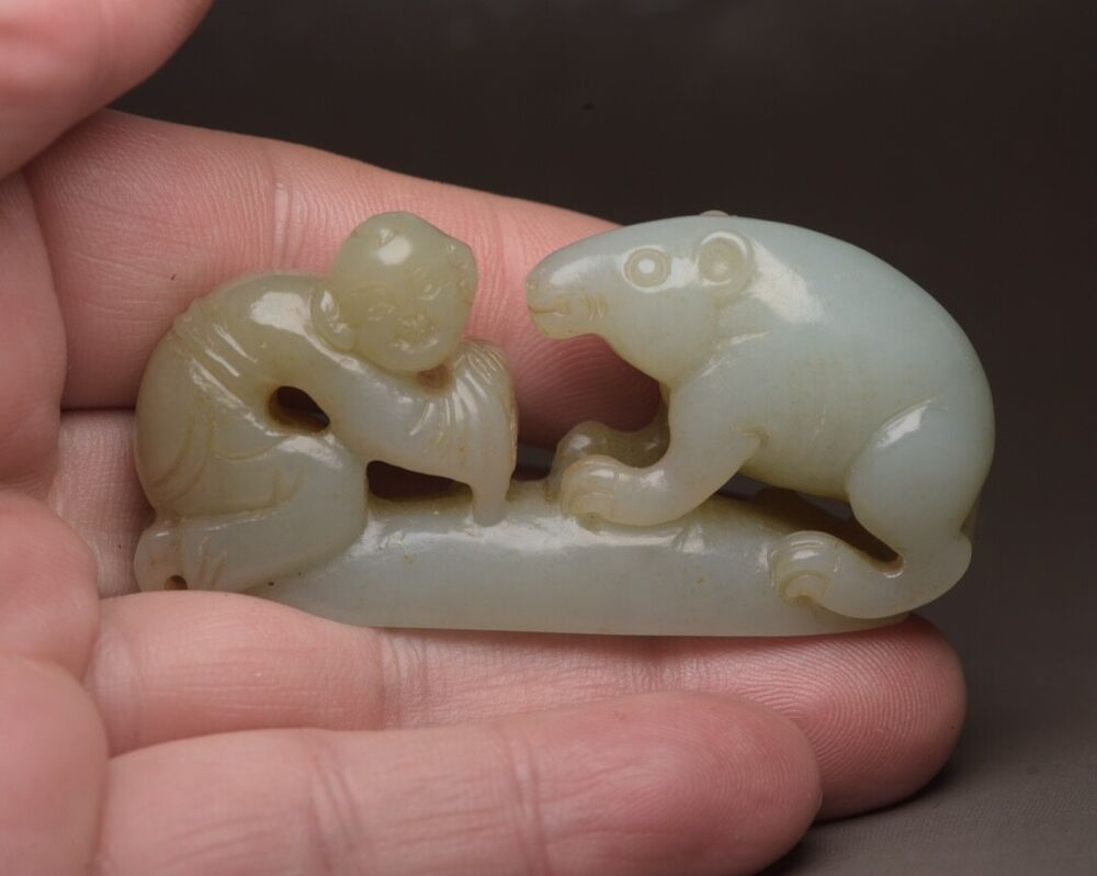 Chinese Natural Hetian Jade Carved Children Bear Statue Exquisite Figurine Art