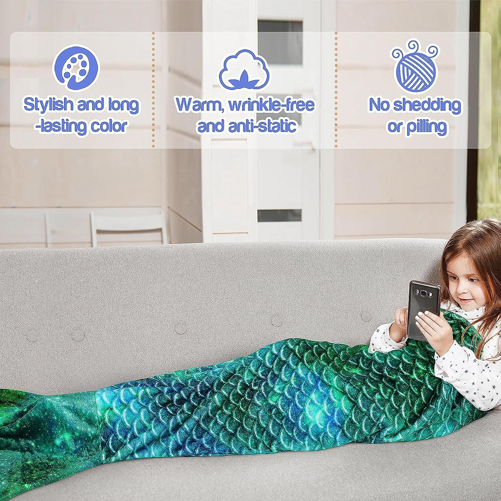 Catalonia Kids Mermaid Tail Blanket, Cozy Sleeping Bag, Aurora Green