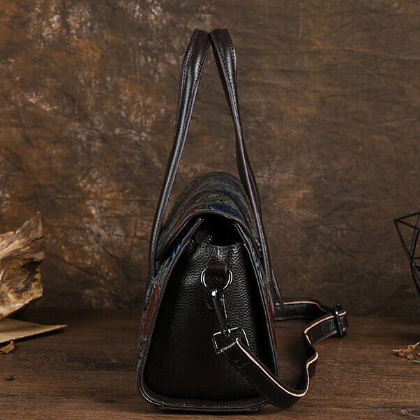 Genuine Leather Floral Embroidered Vintage Handbag Women's Tote Shoulder Bags