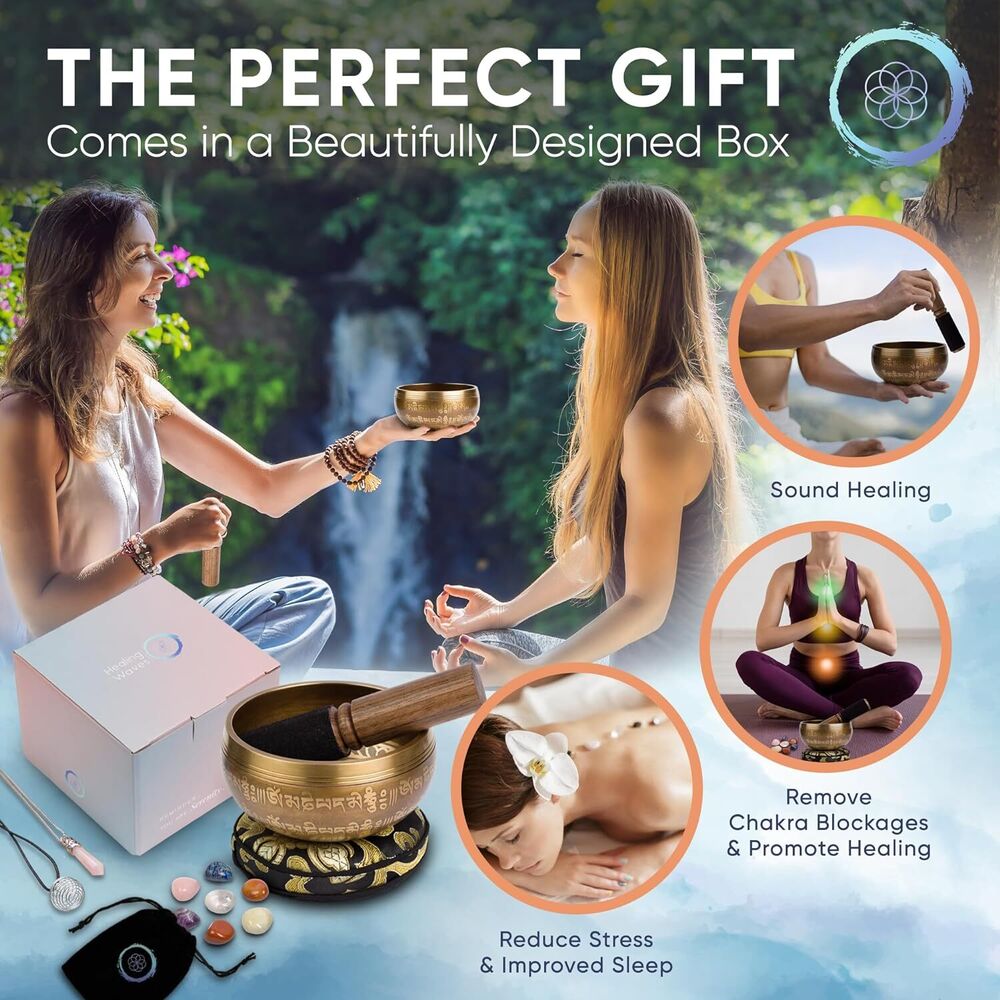 Tibetan Singing Bowl Set Handcrafted in Nepal for Meditation Yoga Stress Relief