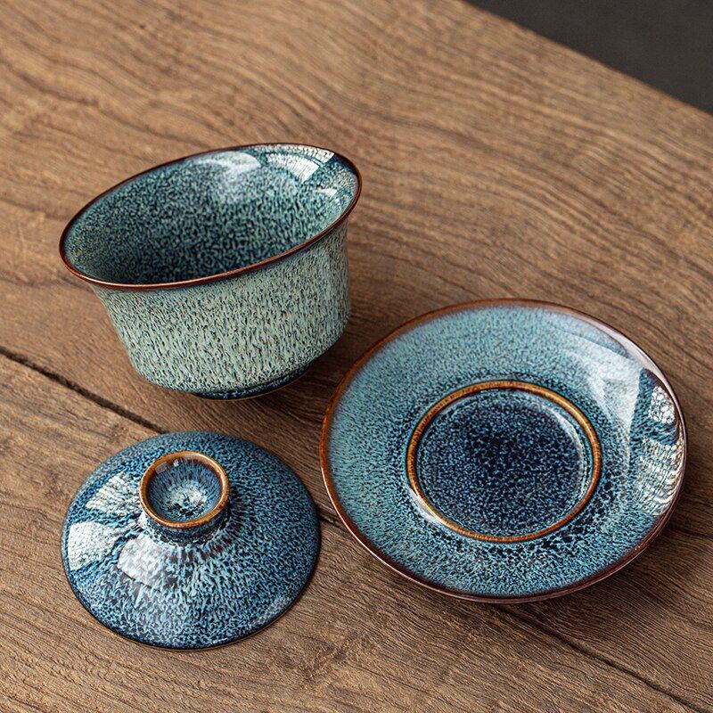 Handmade Ceramic Blue Gaiwan Pigmented Pottery Tea Maker Accessory Drinkware New