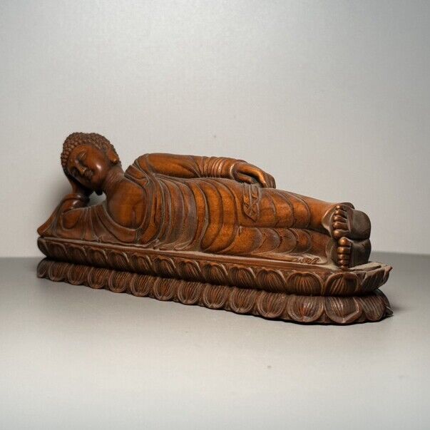 Vintage Chinese Boxwood Carving Reclining Buddha Statue Wooden Sculpture Artwork