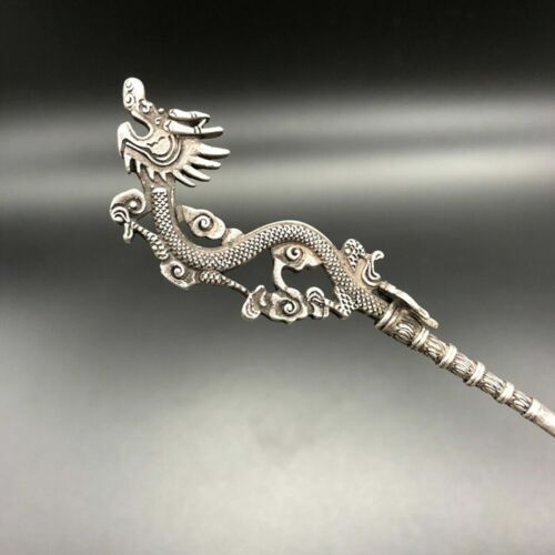 Chinese Old Tibetan silver Copper hand carved Dragon hairpin Statues
