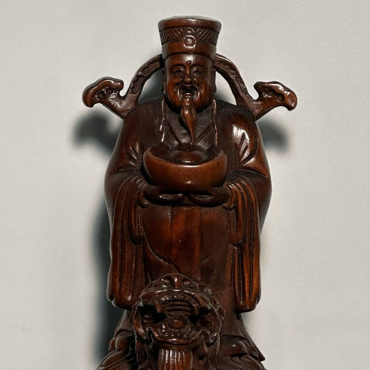 China Boxwood Carved Dragon Turtle Mammon Statue Vintage Wood Figurine Art Decor