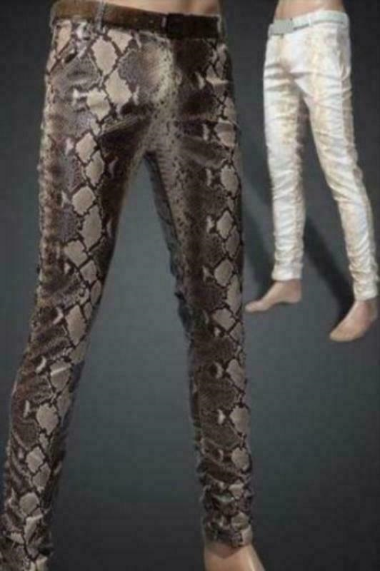 New mens slim fit pencial faux leather snakeskin Pattern prints pants trousers @