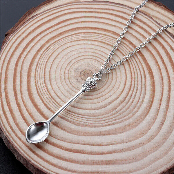 Tiny Silver Tea Spoon Shape Charm Pendant Necklace with Crown - Gift