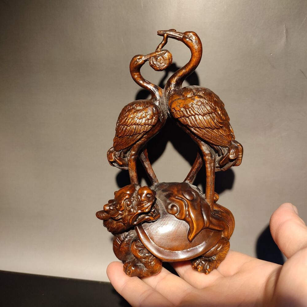 vintage carved wooden crane figurine wood statue Boxwood longevity Turtle gift