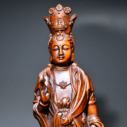 Vintage Wooden Carved Dragon Fish Kwan Yin Statue Wood Sculptures Decor Art Work