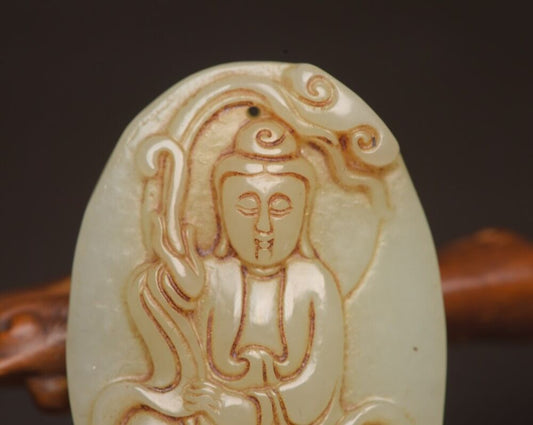 Chinese Natural Hetian Jade Carved Kwan Yin Statue Lucky Pendant Amulets Rare