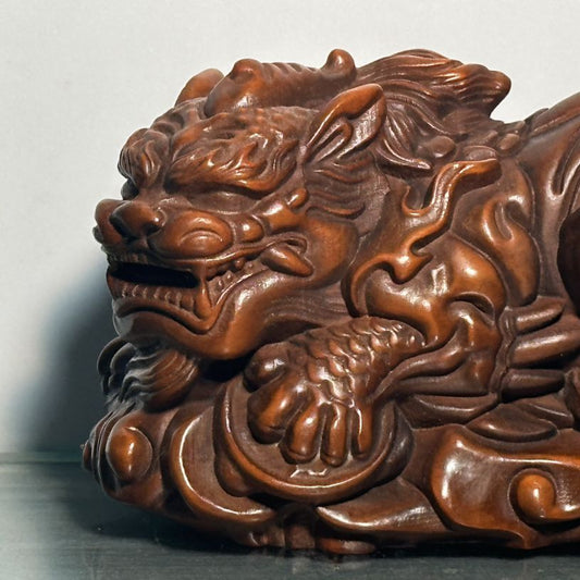 Vintage Chinese Boxwood Carved Wood Beast Statue Wooden Sculpture Room Decor Art