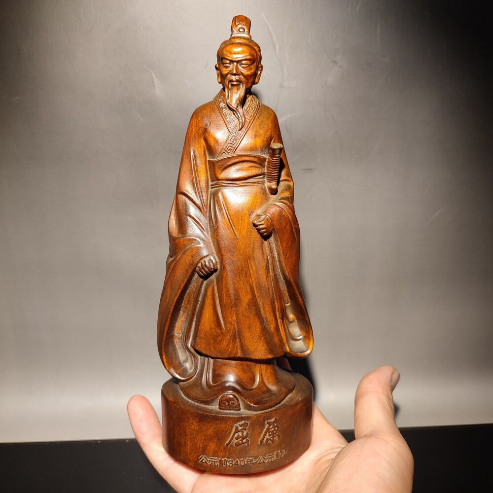vintage wooden carved figures Quyuan chinese boxwood wood statue Duanwu Festival