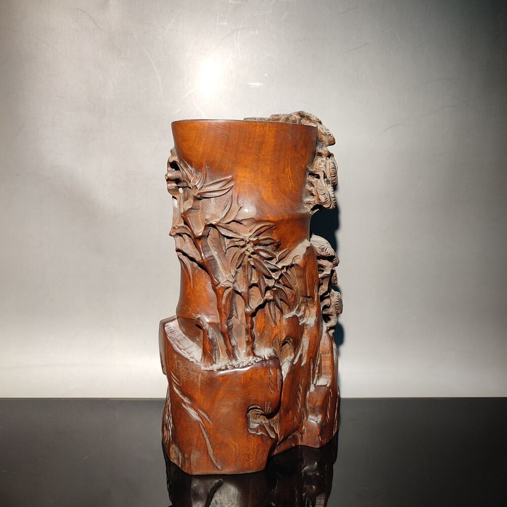 Pine bamboo statue desk study room chinese wood brush pot wooden decor carving