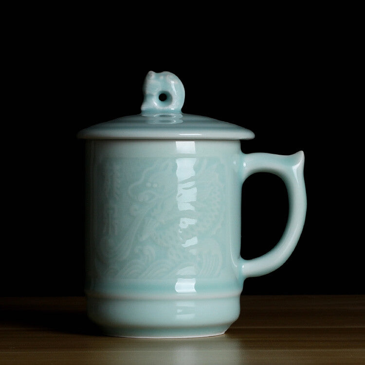 China Dragon Porcelain Tea Cups with Lid Coffee Mug Gift 13.5oz Office Water Cup