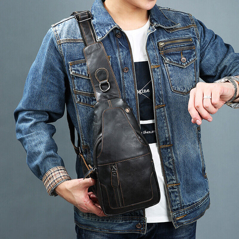 100% CowhideLeather Men's Cross Body Bag Shoulder Bag Sling Backpack for Hiking