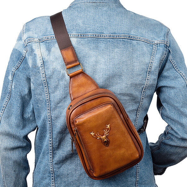 Men's Sling Backpack, 100% Genuine Leather Crossbody Chest Bags Sport Daypack