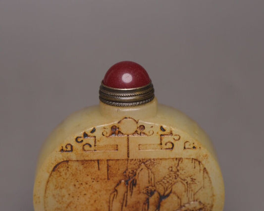 Chinese Antique Hotan Jade Carving Landscape Statue Snuff Bottle Collection Rare