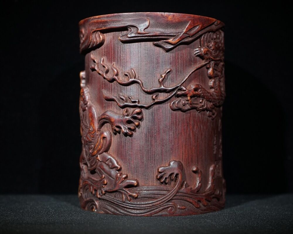 6" chinese carved brush pot pots dragon statue antique wood carving buddha Arhat