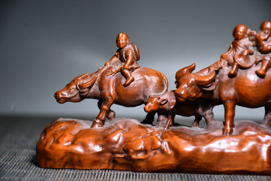 Collection Chinese Boxwood Carved Children Cattle Statue Figurines Ornaments Art
