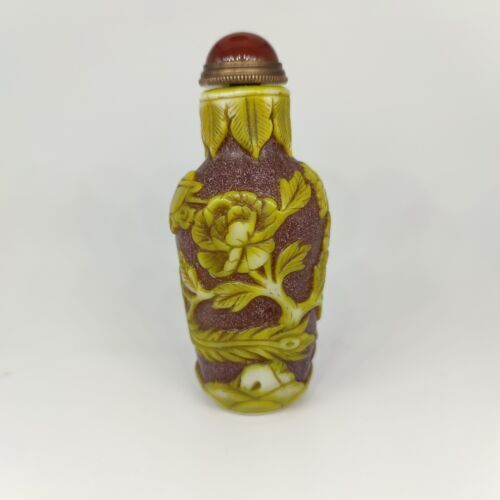 Fine yellow Glass Lucky Snuff Bottle carved phoenix statue flower colored glaze