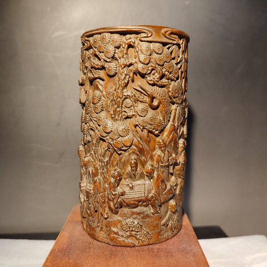 chinese carved brush pot pen case statue wood carving piano party story Study