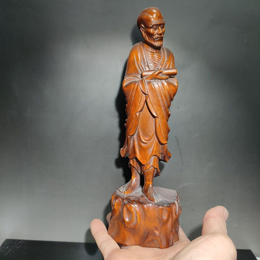 8" Boxwood Wood Ornament buddha statue carving home decor figurines dharma monk