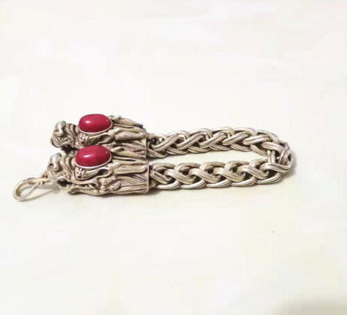 Collectible Ruby Tibet Silver Bangle Handwork Auspicious Dragon Bracelet