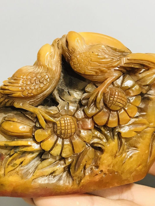 Chinese Shoushan Stone Carved Exquisite Flower Bird Seal Statue Figurine Artwork