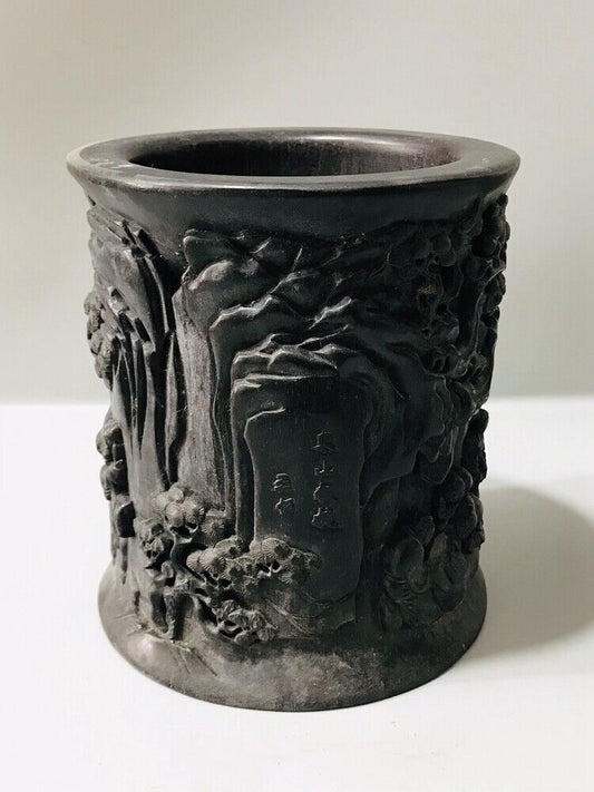 chinese carved brush pot men statue antique wood carving Figure-story wooden art
