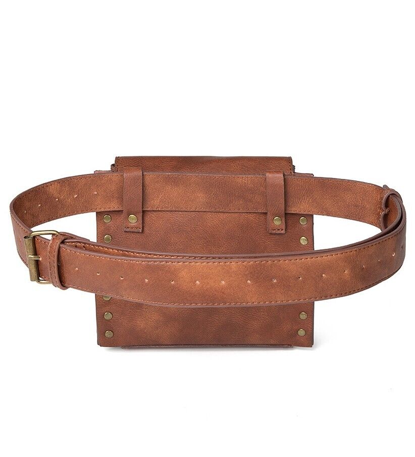 Women's Brown Leather Punk Rock Motorcycle Bag Waist Fanny Pack Crossbody Bags