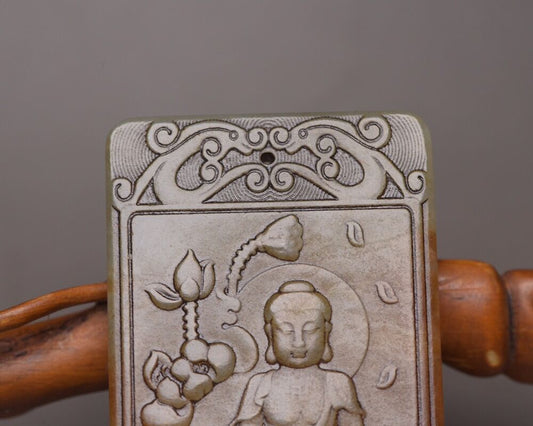 Chinese Old Natural Hotan Jade Carving Buddha Statue Amulets Pendant Jewelry Art