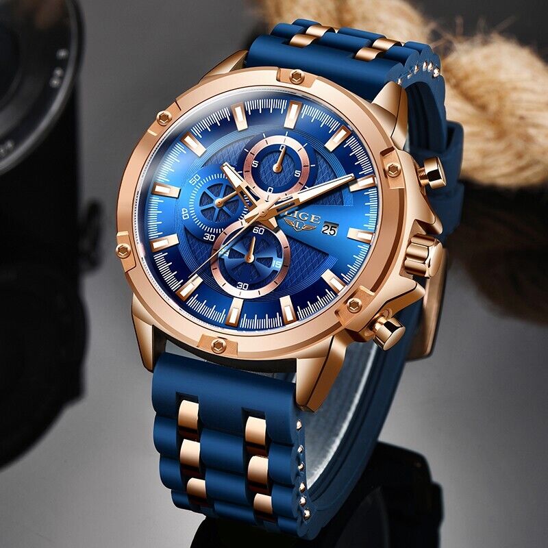 LIGE Men Watch Mens Bridge Manual Mechanical Dial Watch Rose Gold Blue Metal New